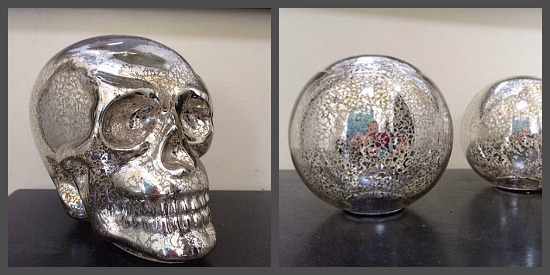 Mercury glass tends to be expensive but I got these at Big Lots. The Skull was $8 and the balls were $5 each.